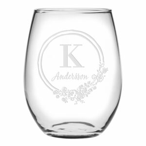 Initial & Last Name Circle Flower Stemless Wine