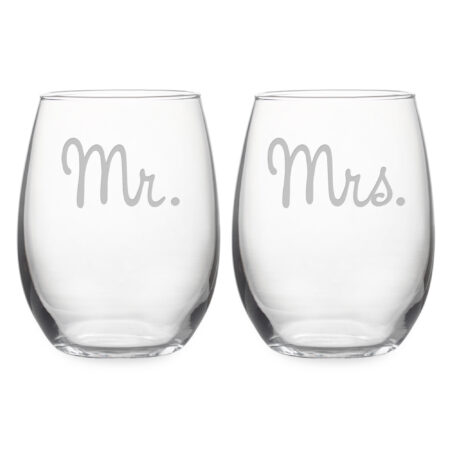 Mr and Mrs stemless wine