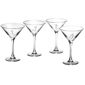 Set of Four Martini Glasses with Mermaid Design