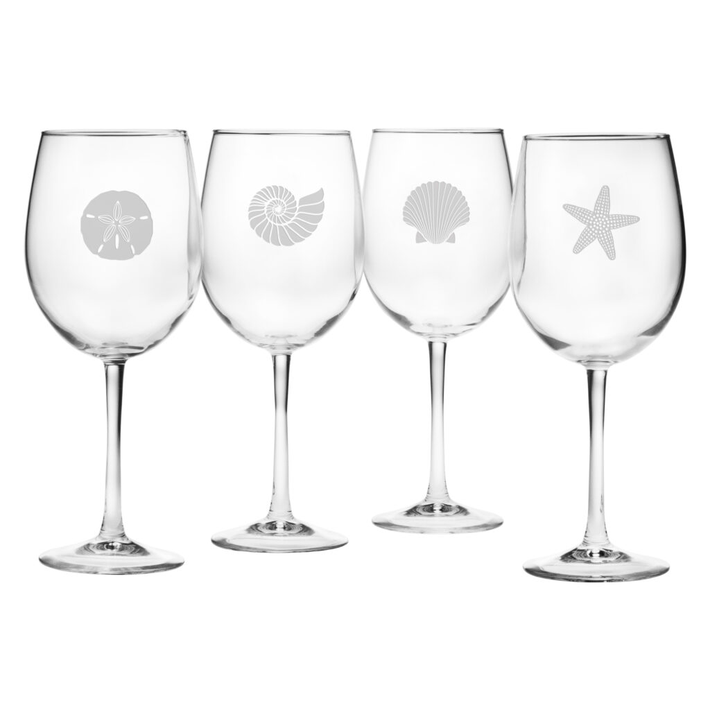 Seashore Assortment Etched Stemmed Wine Glasses Set of Four