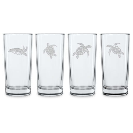 Swimming Sea Turtles Etched on a High Ball Glass - set of four