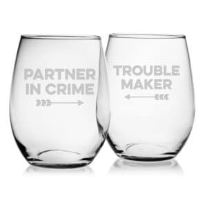 Partner In Crime & Trouble Maker - Stemless Wine - Etched - Set of 2