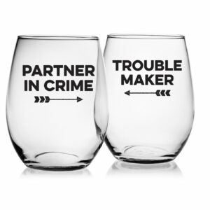 Partner In Crime & Trouble Maker - Stemless Wine - Screen Print - Set of 2