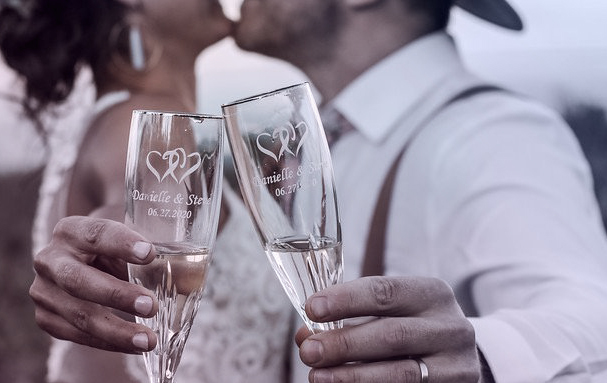 Hipster Wedding Couple Cheers Champaign Flutes that are personalized