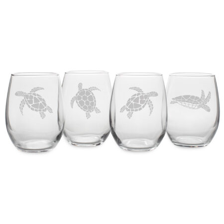 Swimming Sea Turtles Etched on a Stemless Wine Glass - set of four
