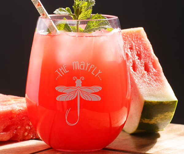 The Mayfly logo on stemless wine glass - watermelon drink - Corporate Gift 